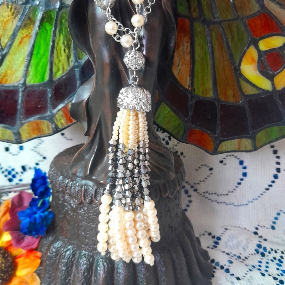 Lisa Vanderpump Long Double Chain Crystal Faux Pearl Tassel Rhinestone Necklace